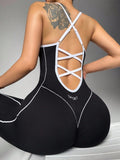 Women'S Seamless High Stretch Knit Halter Sporty Jumpsuit Tight Fit Nine-Quarter Pants, Back Cross Shoulder Straps, Outdoor Cycling Gym Yoga Daily Wear Sports Jumpsuits Workout Jumpsuits Sportswear Jumpsuit