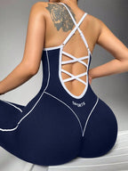 Women'S Seamless High Stretch Knit Halter Sporty Jumpsuit Tight Fit Nine-Quarter Pants, Back Cross Shoulder Straps, Outdoor Cycling Gym Yoga Daily Wear Sports Jumpsuits Workout Jumpsuits Sportswear Jumpsuit